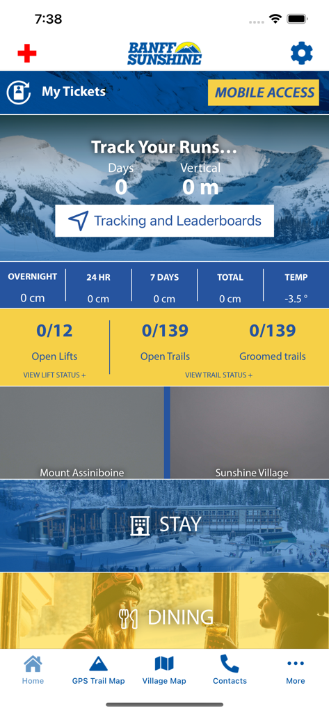 Écran d'accueil de l'application Sunshine Village Banff montrant le suivi des performances de ski, le statut des remontées mécaniques et les informations météorologiques de la station