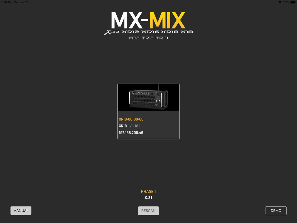 MX-Mix - MX-Mix app interface showing a discovered XR18 digital mixer for remote control.