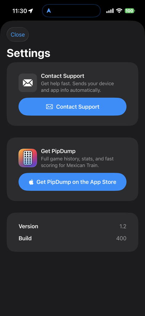 PipCalc - Pantalla de configuración de la aplicación PipCalc con opciones de soporte de contacto e información de versión