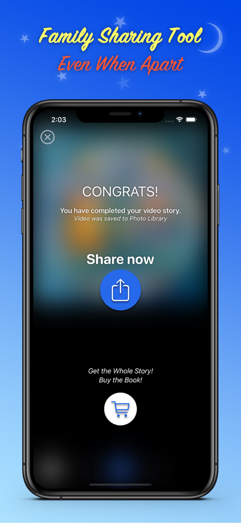 Read Me A Story - A smartphone screen showing a completed video story in the Read Me A Story app with options to share and buy the book.