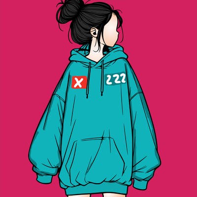 realistic girl with a oversized sweatshirt on and a bun