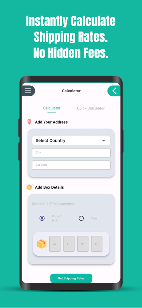 Global Shopaholics - Global Shopaholics mobile app shipping calculator screen to estimate international delivery costs based on package weight and destination