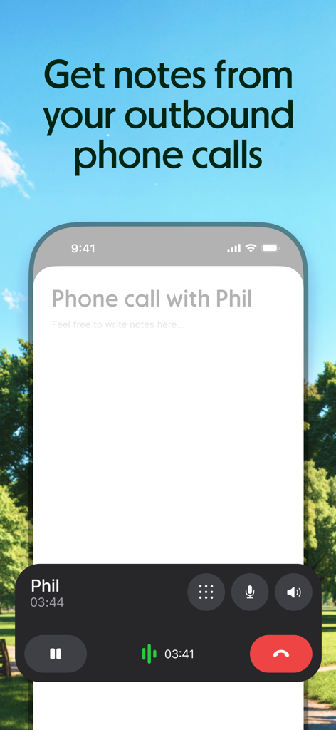 Granola - AI Meeting Notes - Granola mobile app interface showing automated AI note taking during an outbound phone call