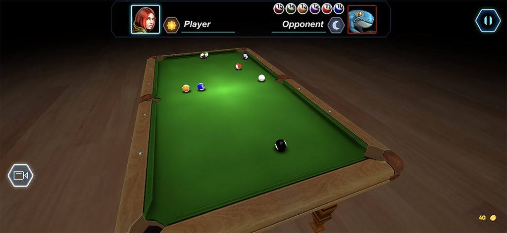 Vista de juego de mesa de billar 3D con bolas y avatares de jugadores contra oponentes