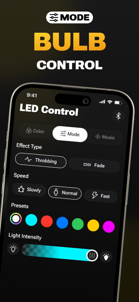 Un écran de smartphone affichant les paramètres de contrôle des ampoules pour les bandes LED, y compris les types d'effets et les préréglages de couleur
