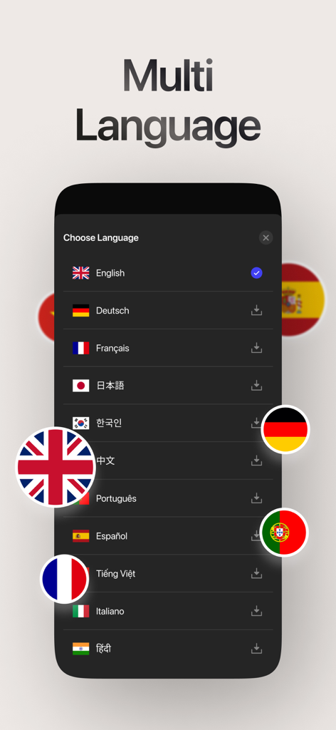 Screenshot of Summarify app showing the multi-language selection menu with flags and a list of supported languages for video summaries.
