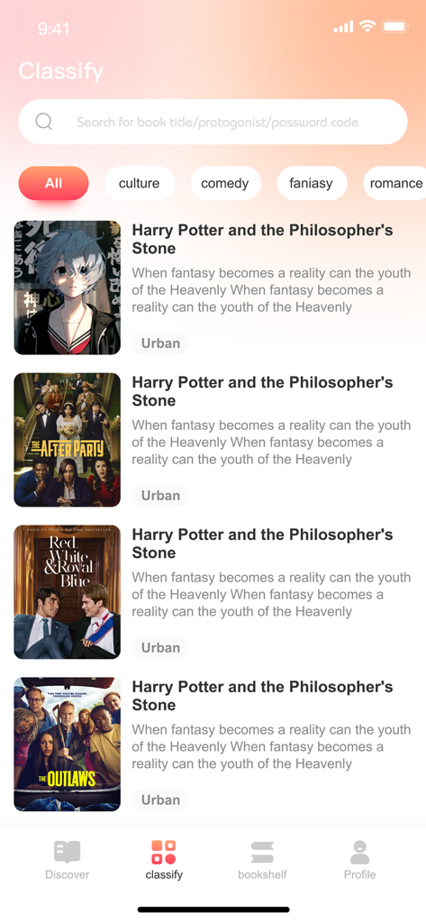 PlotNovel - Mobile app screen showing a list of novels categorized by genre in the PlotNovel app.