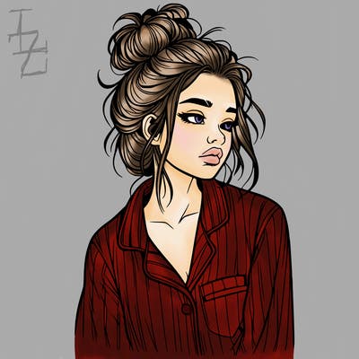 realistic woman with pajamas on and a messy bun