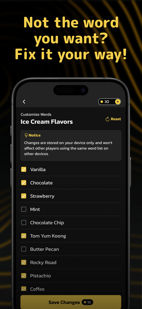 Chanom: AI-Powered Charades - Chanomアプリの画面で、アイスクリームフレーバーのジェスチャーゲームカテゴリーの単語をカスタマイズしています