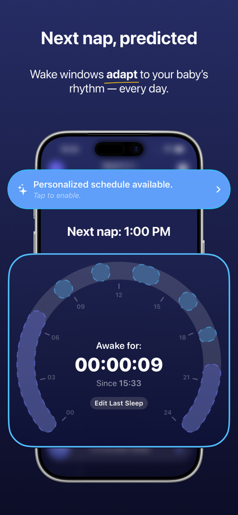 A smartphone screen displaying the Napverse app with a predicted next nap time and a circular wake window timer.