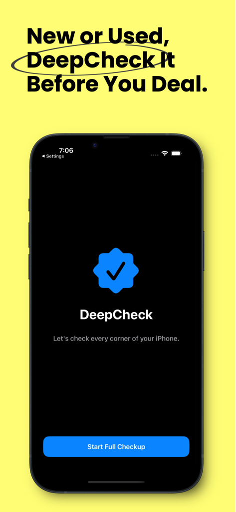 DeepCheck: The iPhone Report - DeepCheck app home screen on an iPhone showing a blue Start Full Checkup button and diagnostic icon
