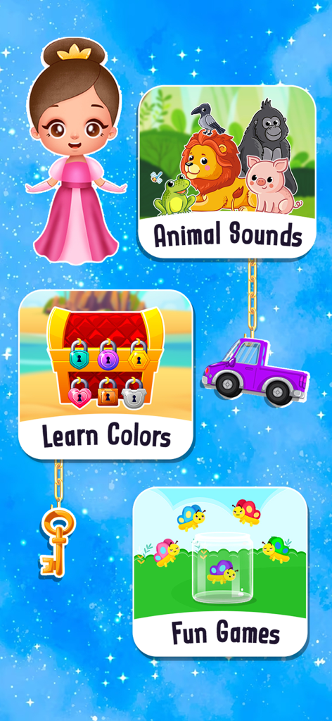 Princess Carphone Doll Games - Main menu of Princess Carphone app showing mini games for animal sounds and learning colors