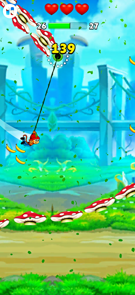 Monkey Hook - No Wifi Game - Un personaje mono se balancea con una cuerda a través de un colorido nivel de jungla con setas gigantes y plátanos