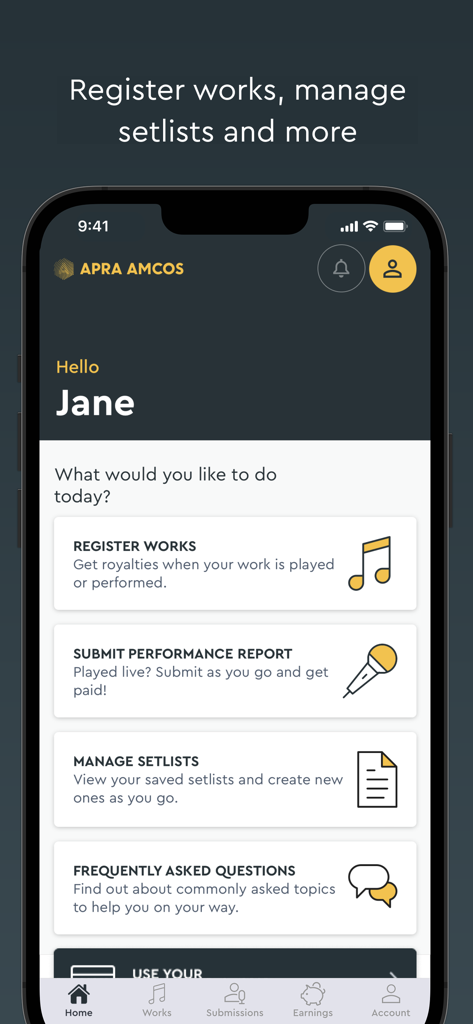 The home screen of the APRA AMCOS app for music creators featuring options to register works and submit performance reports.