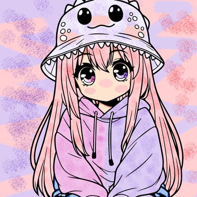 girl with anime shaped eyes with a dinosaur bucket hat oversized sweatshirt long straight hair