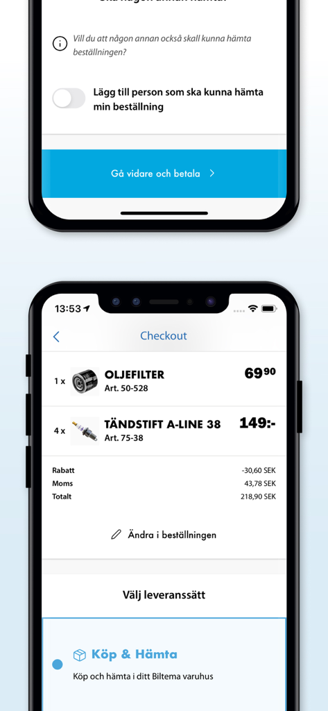 Biltema - Pantalla de pago de la aplicación móvil de Biltema que muestra un carrito de compras con un filtro de aceite y bujías y la opción de entrega de comprar y recoger