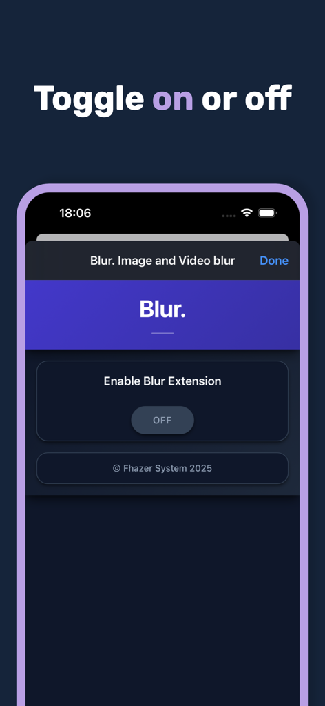 Blur. Image Video Blur - Interface of the Blur app showing the toggle switch to enable or disable the image and video blur extension on an iPhone.