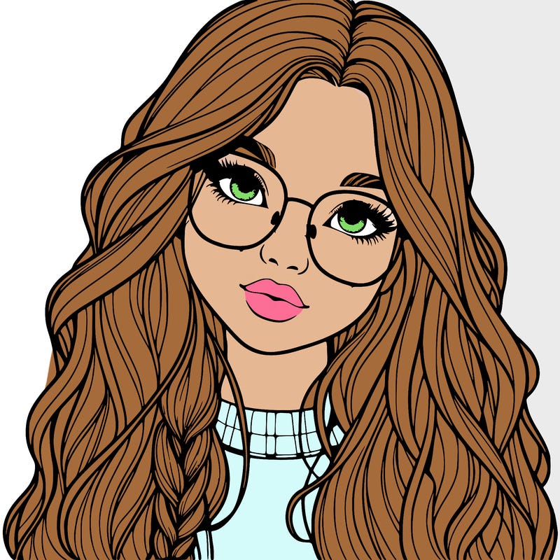 girl with long hair and freckles and glasses realistic