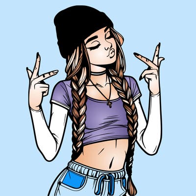 realistic teenage girl with braids and a beanie and crop top doing 🫶🏼