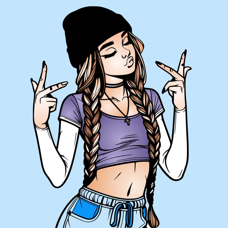 realistic teenage girl with braids and a beanie and crop top doing 🫶🏼