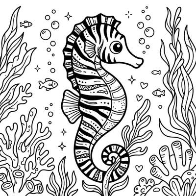 Explore the wonders of the ocean with this charming zebra seahorse coloring page, specially designed for kids. Its bold lines and delightful underwater scene make it perfect for young artists to enjoy creative coloring.
