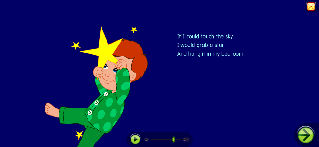 Starfall It's Fun to Read - Un niño pequeño en pijama de lunares verdes sosteniendo una estrella amarilla brillante con un poema corto sobre un fondo azul oscuro