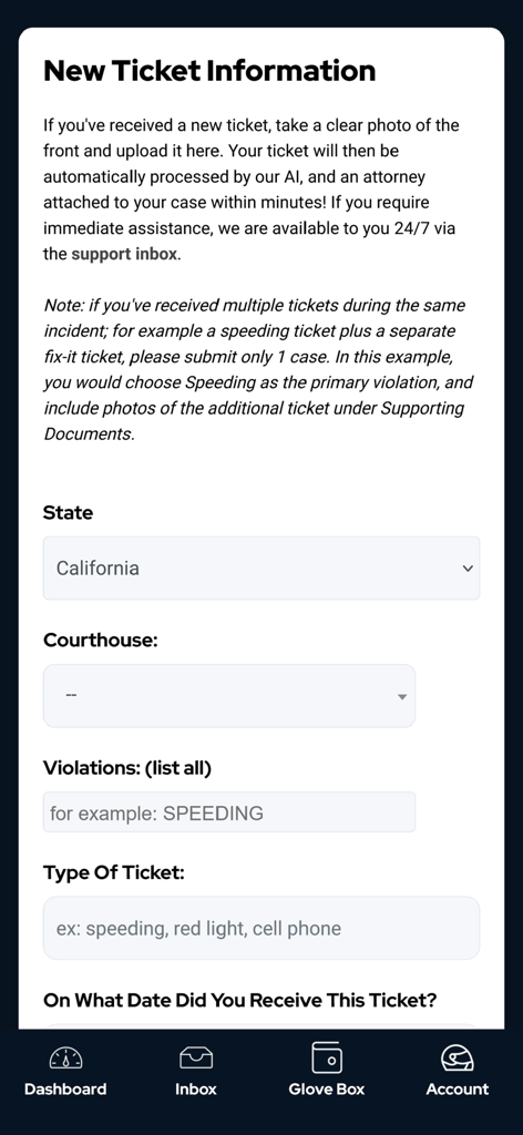 Auto Allies - Auto Allies app screen for entering new traffic ticket information and details