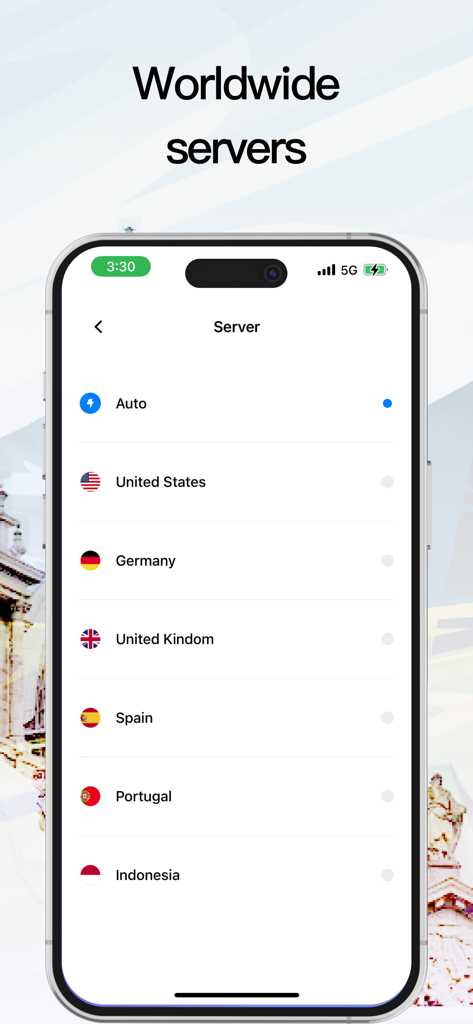 Schermo dello smartphone che mostra le posizioni dei server VPN globali per Super VPN Fly 2026