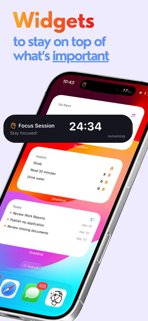 Widgets do aplicativo OneMind em um iPhone exibindo um timer de foco, hábitos diários e lista de tarefas.