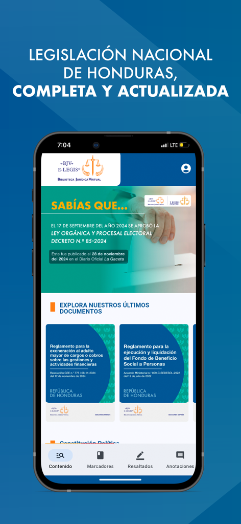 E-Legis® - Schermata dello smartphone che mostra l'app E-Legis per la legislazione e i documenti legali honduregni.