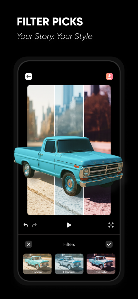 Opções criativas de filtro de vídeo no aplicativo de stop motion AnyMotion.