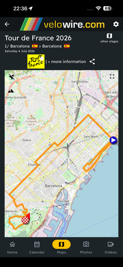 velowire - The velowire mobile app displaying an interactive race route map for the Tour de France 2026 in Barcelona