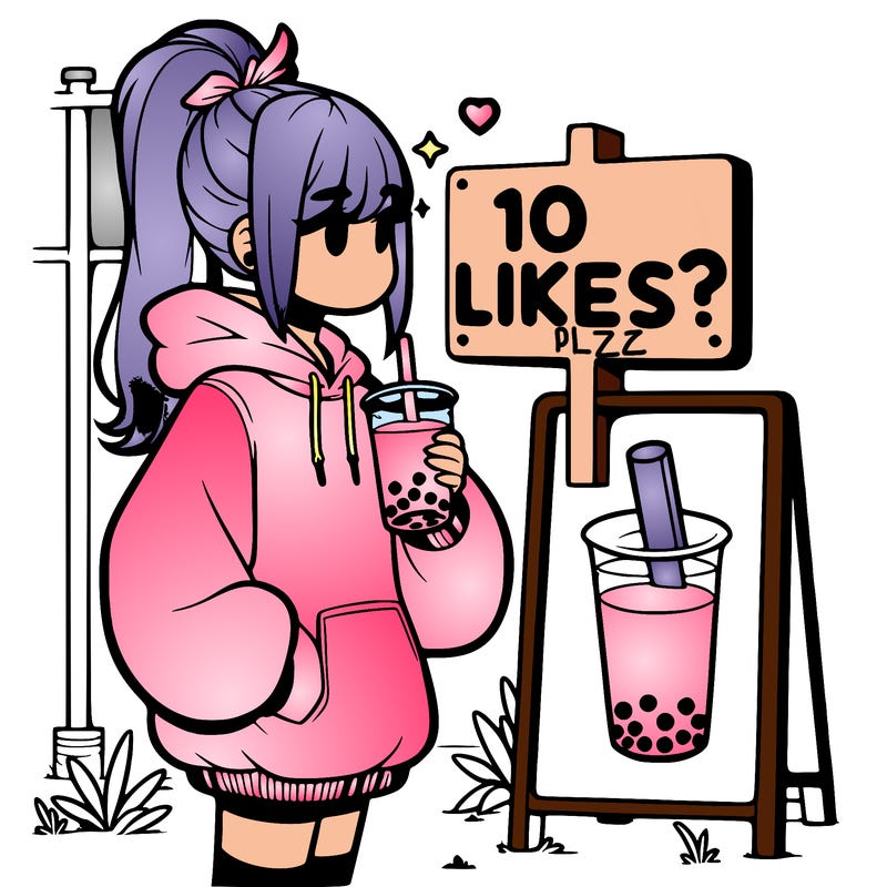 girl with oversized hoodie drinking boba and she has a high ponytail with a sign that says 10likes?