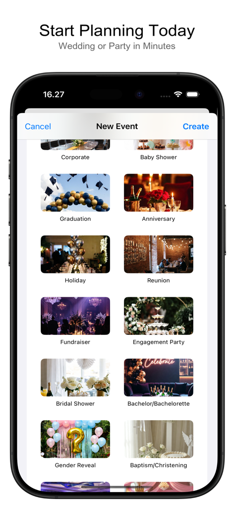 Event Stories - Party Planner - Interfaz de la aplicación Event Stories que muestra varias categorías de eventos como Graduación, Aniversario y Despedida de Soltera para comenzar a planificar