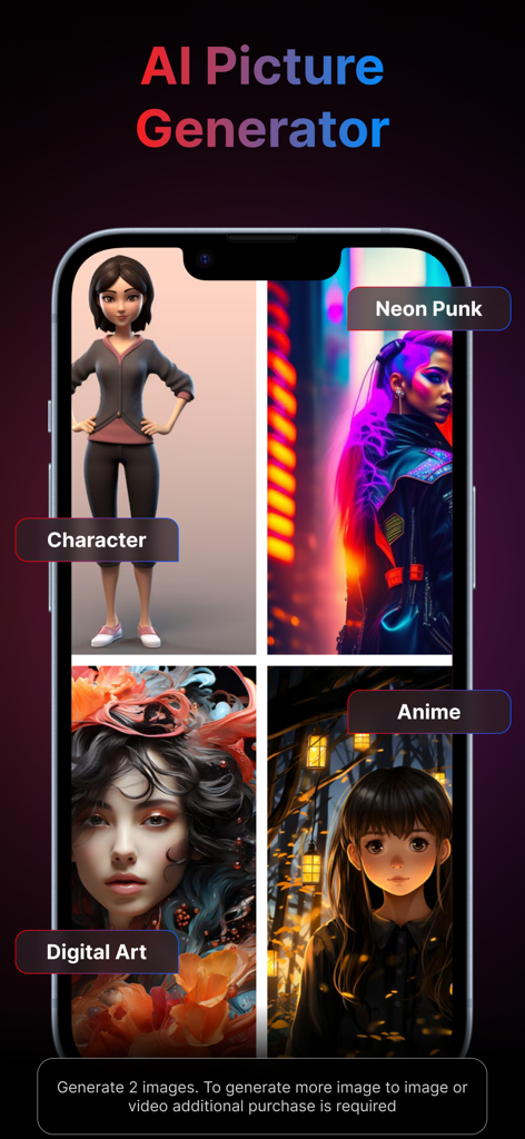 AI Video,Art & Image Generator - AI 그림 생성기 모바일 앱 인터페이스, 캐릭터 네온 펑크 디지털 아트 및 애니메이션 스타일 표시