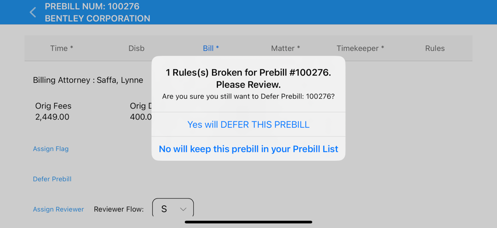 PrebillViewer - PrebillViewer app displaying a rule violation alert and defer options for a legal billing entry.