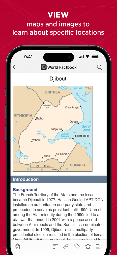 Relief Central - Relief Central app interface showing the CIA World Factbook page for Djibouti featuring a geographical map and introductory background text.