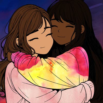 realistic two girls hugging