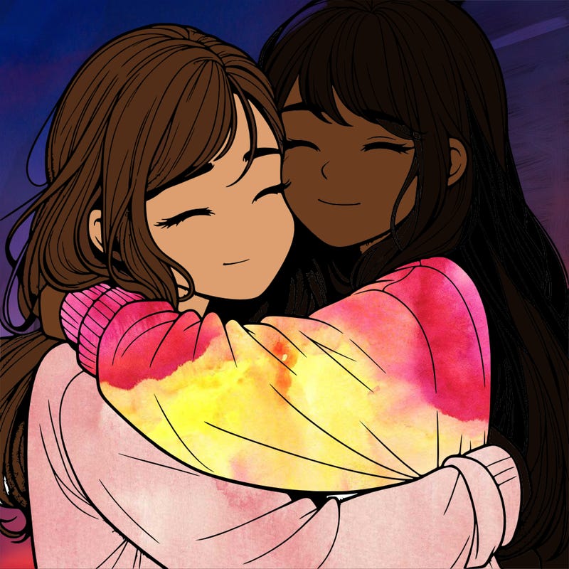 realistic two girls hugging