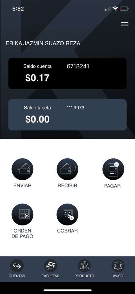 Panel de la app Mi KASH que muestra el saldo de la cuenta e íconos de transacciones financieras en español
