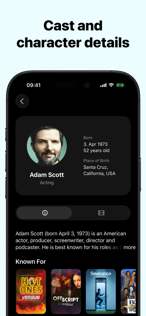 TV Show Tracker – CouchTimes - Pantalla de la aplicación CouchTimes mostrando la biografía del actor Adam Scott, detalles de nacimiento y películas y series conocidas.