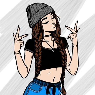 realistic teenage girl with braids and a beanie and crop top doing 🫶🏼