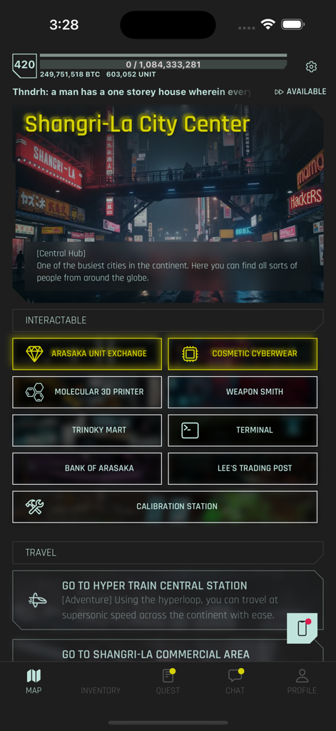 CyberCode Online: Text RPG - CyberCode Online interface showing the Shangri-La City Center hub with various interactable options like Arasaka Unit Exchange and Weapon Smith.