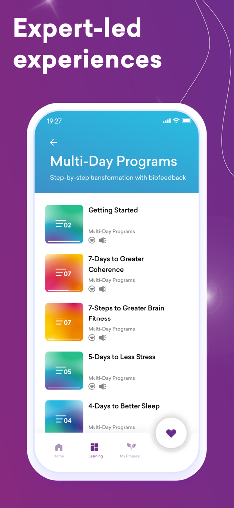 Captura de pantalla de la aplicación HeartMath que muestra una lista de programas de varios días para la reducción del estrés por coherencia y un mejor sueño.