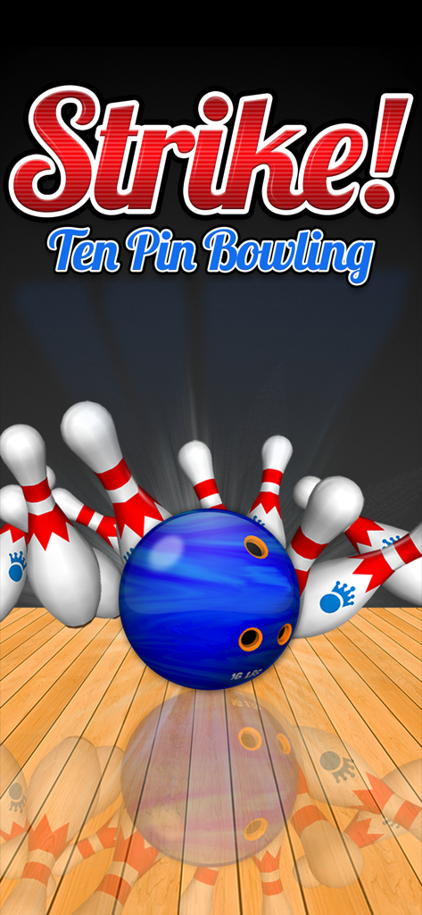 Una bola de bolos azul golpeando pines blancos con rayas rojas en una pista de madera bajo el logo de Strike Ten Pin Bowling
