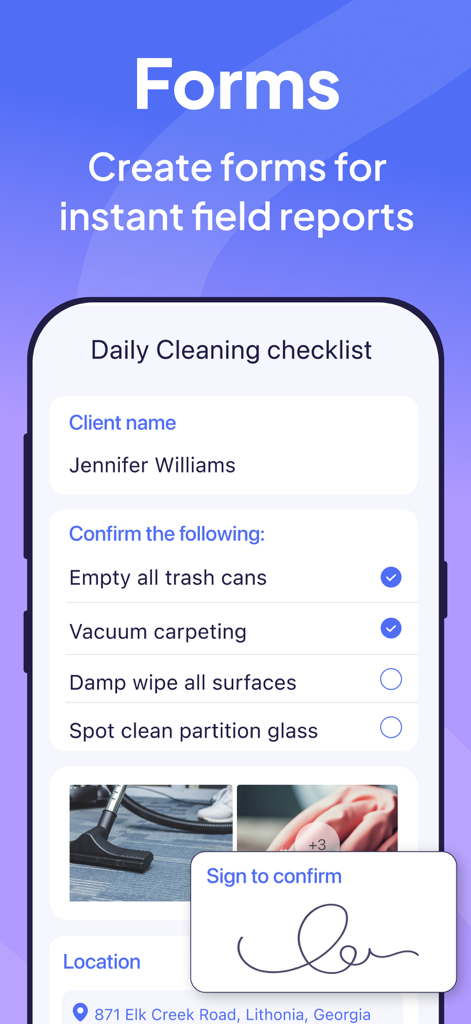 App mobile Connecteam che visualizza un modulo di checklist per la pulizia quotidiana con firma digitale