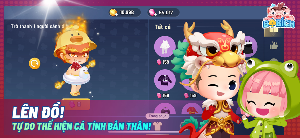 Ba Bich - Tien Len/Thirteen - Character customization screen in Ba Bich Tien Len showing avatar costumes like dragon and frog outfits
