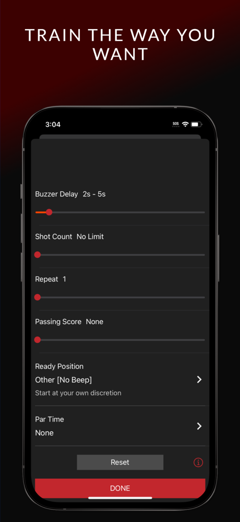 Smartphone screen showing customizable training drill settings within the MantisX app