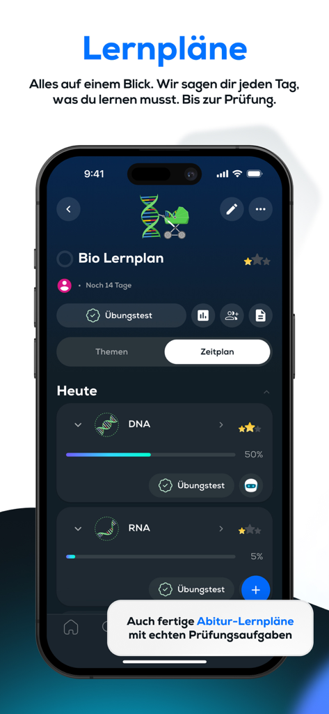 Mobile App-Oberfläche von simpleclub mit einem personalisierten Biologie-Lernplan und Lernfortschritt für DNA- und RNA-Themen