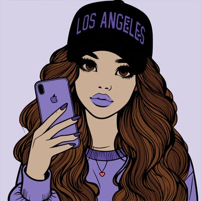 realistic beautiful girl wearing los ángeles cap holding an iphone